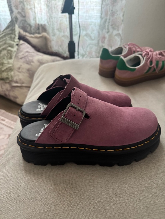 Dr. Martens Shoes - Dr. Martens Women's Mauve Suede Buckle Clog Mules